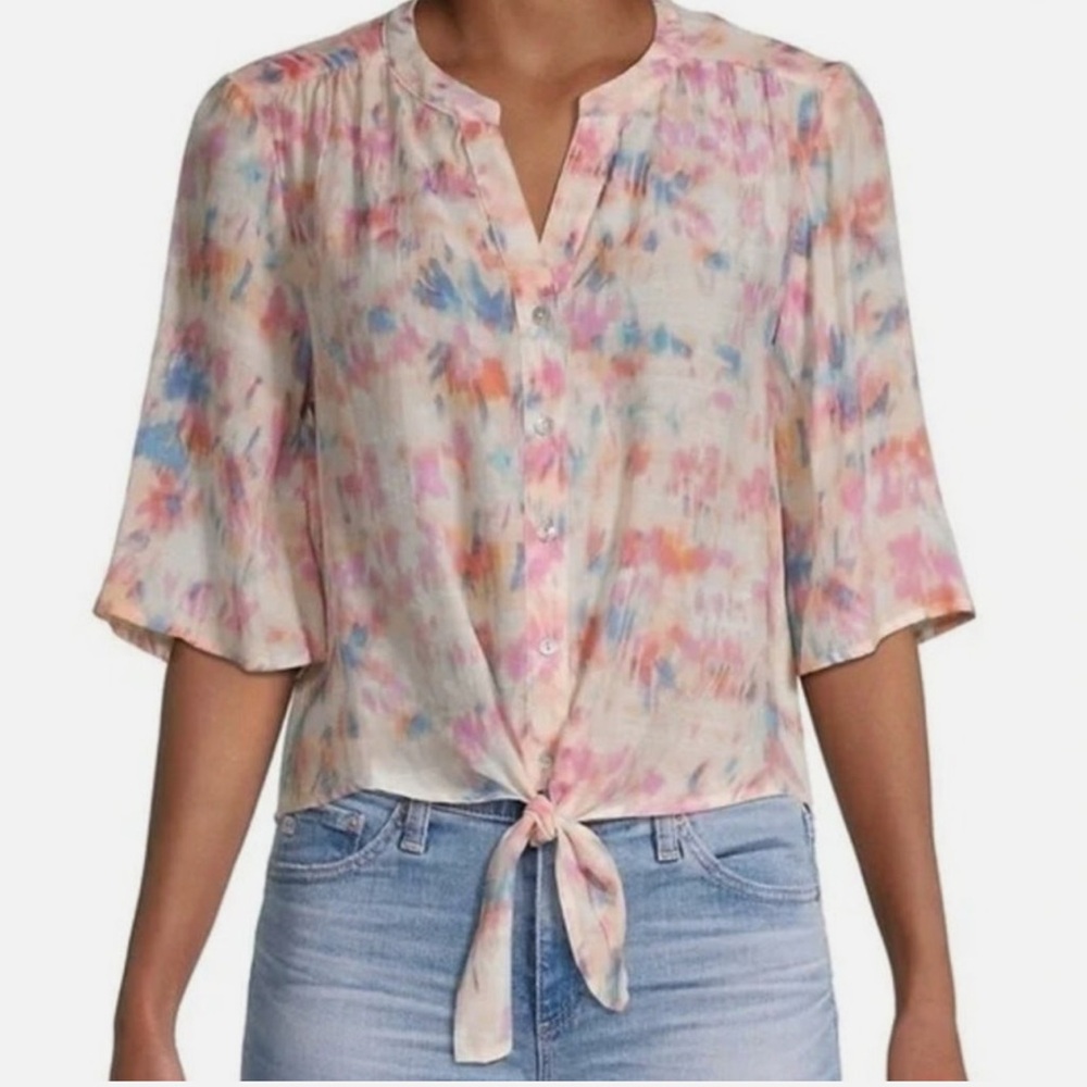 Nanette Lepore Women’s L Tie Front Blouse, Watercolor Sand Print